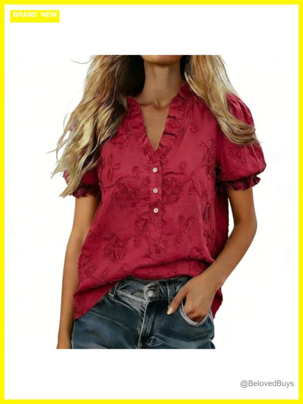 Women's Floral Embroidered Ruffle Puff Sleeve Blouse 100% Cotton V-Neck